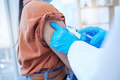 Buy stock photo Doctor, hands and covid vaccine in clinic for virus safety and immunity in healthcare pandemic. Professional medical worker giving patient coronavirus injection for serious illness immunization.