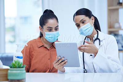 Buy stock photo Covid, tablet and doctor consulting patient about medical results, check information or reading online exam report in hospital office. Healthcare worker woman with software tech for corona virus test