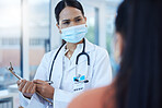 Covid mask, black woman doctor and medical patient at a hospital or clinic ask a health question. Insurance communication, medicine advice and cardiology consultation of a worker with help documents