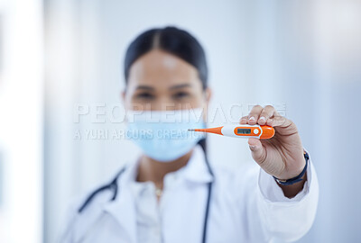Buy stock photo Covid, health thermometer check and doctor woman mask of a hospital worker. Portrait of a hospital, medical clinic and healthcare employee from Spain help with dengue nursing and fever monitoring 
