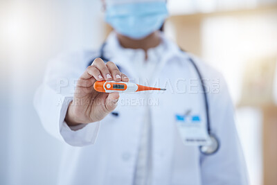 Buy stock photo Covid, health and digital thermometer with doctor, working and monitoring fever in the hospital. Person, hand of medical worker or surgeon and healthcare treatment in clinic during pandemic.