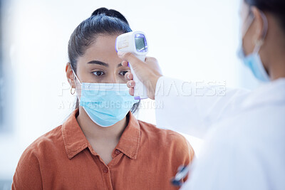 Buy stock photo Covid, young woman and thermometer scan device nervous, anxious or scared for test results. Female, girl and lady with mask being check for corona temperature, high fever or illness by medical doctor