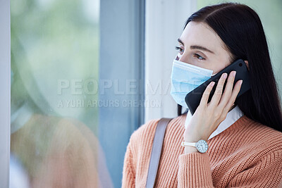 Buy stock photo Covid, face mask and smartphone with woman on a phone call for healthcare, compliance and corona virus information in her home for safety. Sad business woman talking on cellphone for insurance policy