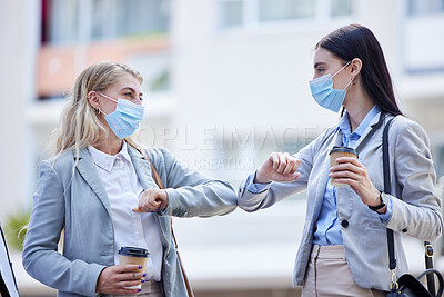 Buy stock photo Covid, healthcare and elbow greeting with business people in the morning for social distancing, communication and contact. Partnership, friends and new handshake with women working in global pandemic