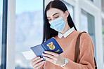 Passport, id and travel woman with covid face mask for immigration, airport compliance and vacation information security. Covid 19, corona virus and girl with identity document and ticket for flight