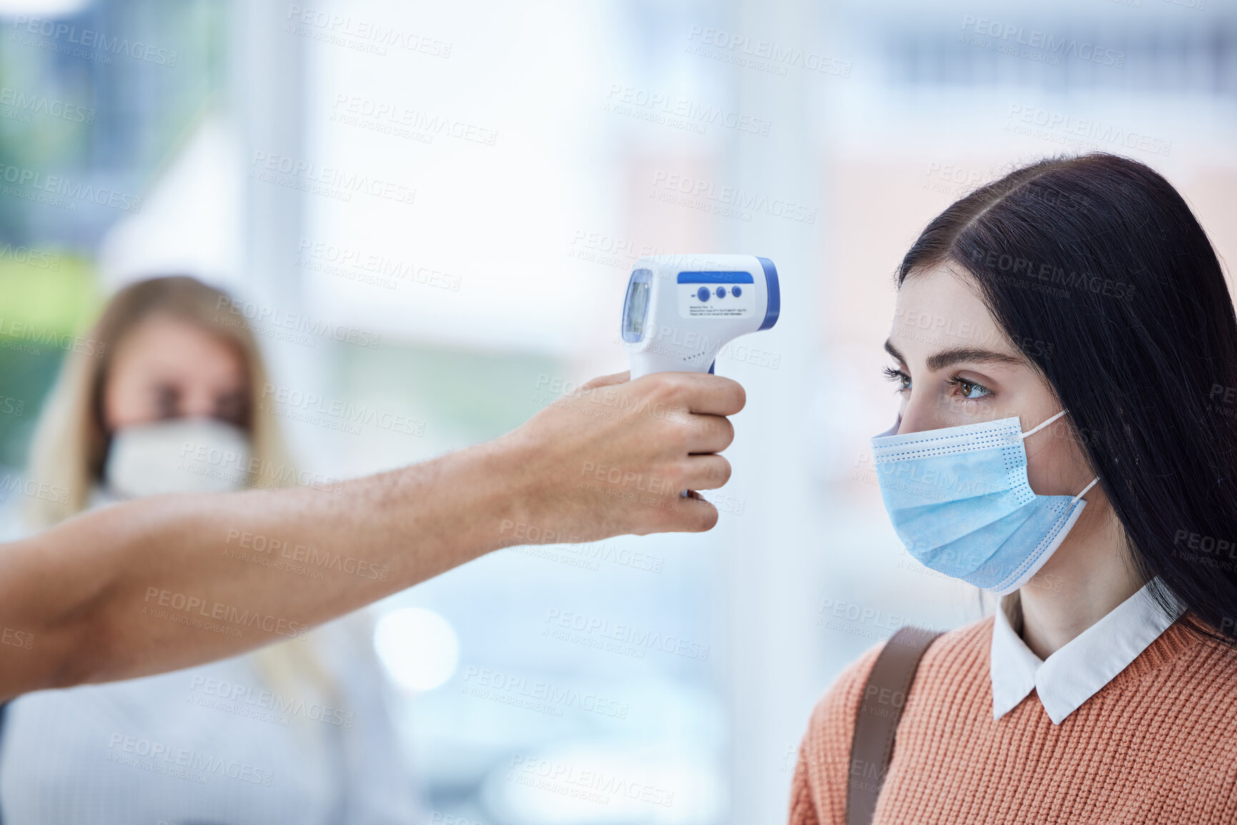 Buy stock photo Travel, thermometer and covid scanning in airport with a woman and security, compliance and safety check. Health, corona and worker checking lady digital results before traveling border control