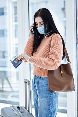 Buy stock photo Covid, travel and passport with woman in face mask and phone call for immigration law, corona virus airport policy. Person with suitcase check time on watch with document problem, covid 19 compliance