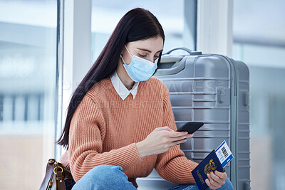 Buy stock photo Passport, phone and covid woman travel at airport with mask, for holiday and trip. Female, check flight cancellation schedule online and with protection against coronavirus or traveling restriction