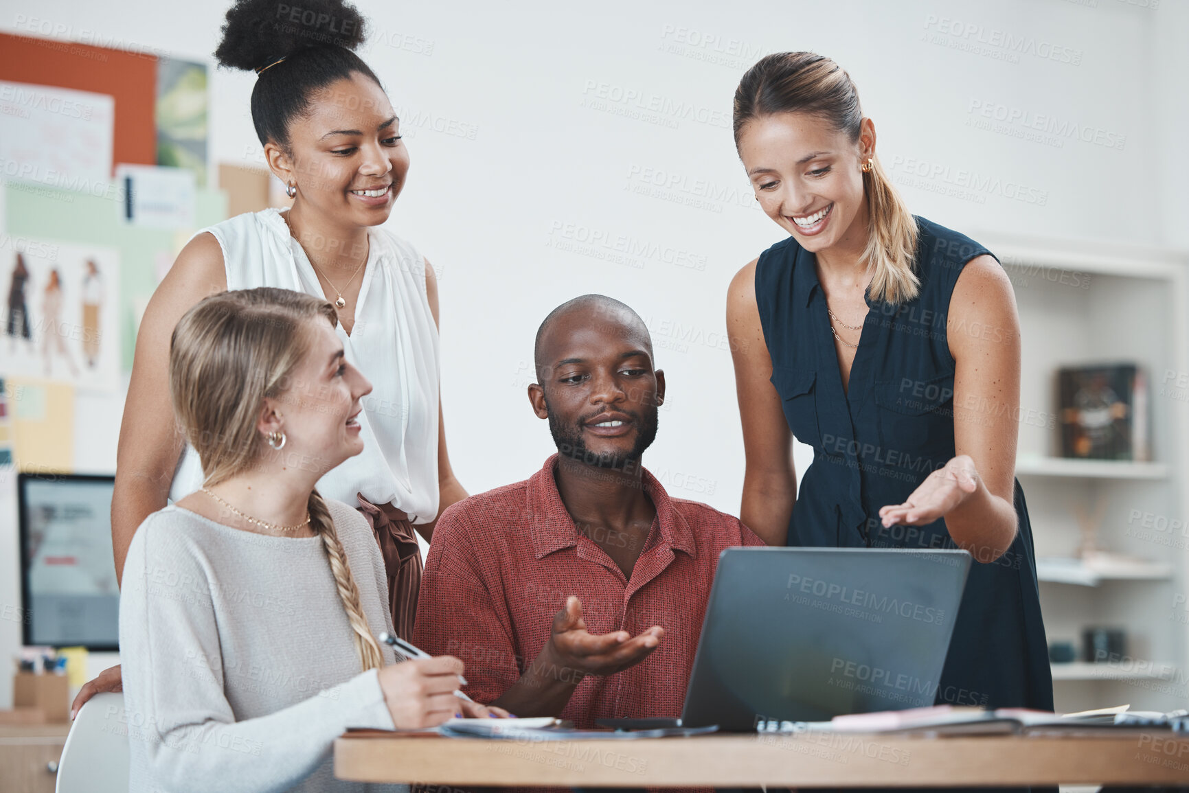 Buy stock photo Planning, teamwork and business people on laptop working in a meeting together. Strategy, communication and collaboration of team in office brainstorming idea or innovation with computer or tech