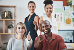 Thumbs up, business people or global success in teamwork, collaboration and employee support. Smile portrait of happy men, women and diversity hands with thank you, vote emoji and motivation for goal