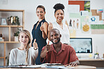 Thumbs up, business people success and portrait in modern office for teamwork celebration, review and motivation. Happy, diversity and winner employees, support and like emoji pride for company goal