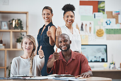 Buy stock photo Thumbs up, business people success and portrait in modern office for teamwork celebration, review and motivation. Happy, diversity and winner employees, support and like emoji pride for company goal