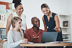 Diversity, business people and team on laptop in collaboration for strategy, ideas and planning at the office. Group of creative designers working on computer in teamwork for success at the workplace