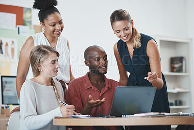 Buy stock photo Diversity, business people and team on laptop in collaboration for strategy, ideas and planning at the office. Group of creative designers working on computer in teamwork for success at the workplace