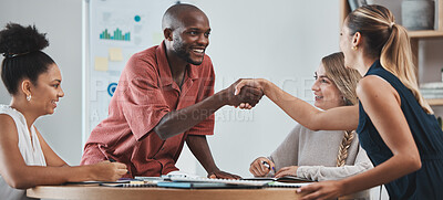 Buy stock photo Diversity partnership, team and handshake for startup company, job interview and approved contract. Happy, team and employees agree on successful group project, sign contract and office teamwork.