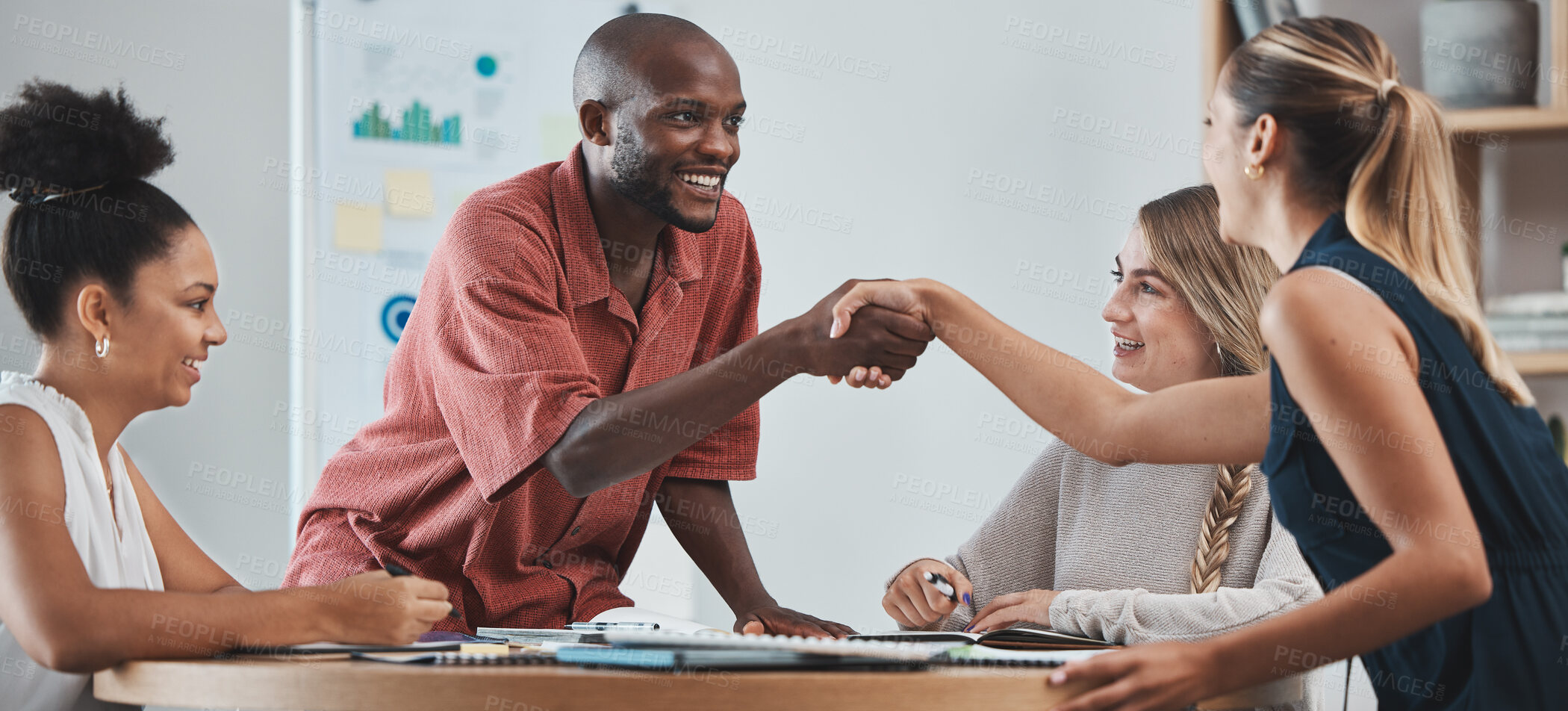 Buy stock photo Diversity partnership, team and handshake for startup company, job interview and approved contract. Happy, team and employees agree on successful group project, sign contract and office teamwork.