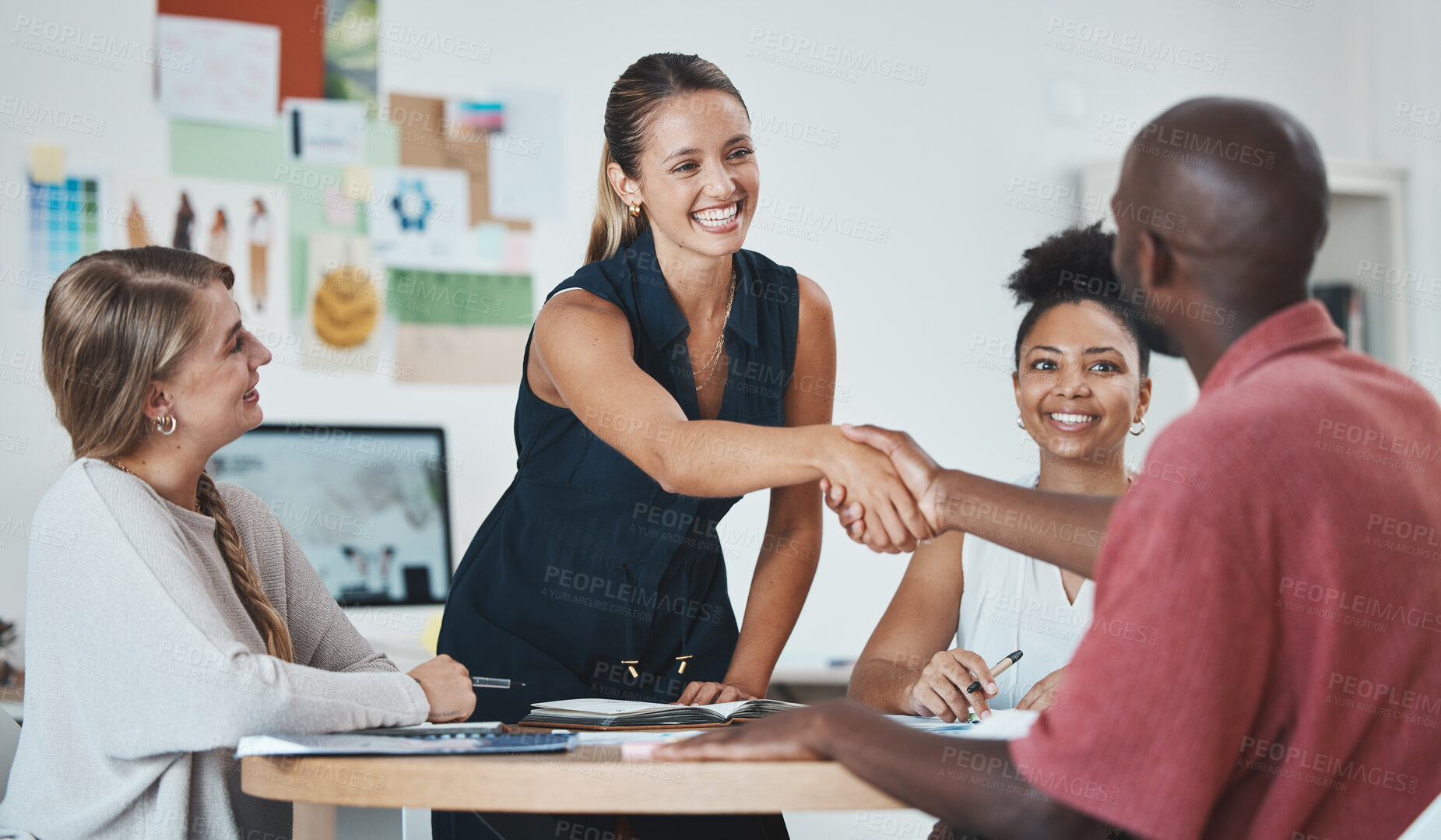 Buy stock photo Handshake, business partnership or success deal in office support, trust or crm in b2b creative collaboration meeting. Smile, happy or teamwork people in welcome, thank you or marketing strategy plan