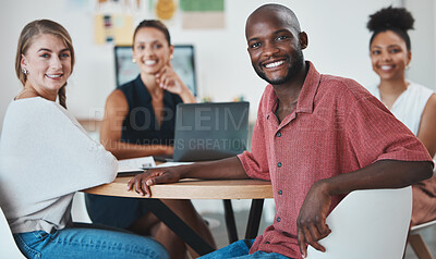 Buy stock photo Business people, teamwork or collaboration in digital marketing startup, advertising company or strategy planning meeting. Portrait, smile or happy black man or women with creative global office tech