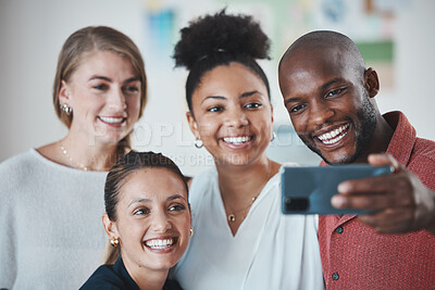 Buy stock photo Diversity, friends and phone selfie with a smile together in a hole with friendship love. Happy, mobile and people using technology in a house showing friendship unity, group happiness and solidarity