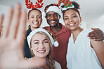 Christmas party, business people and office selfie, festive season or holiday celebration. Portrait, diversity and happy work friends celebrate, picture pose or photo smile for good memory together

