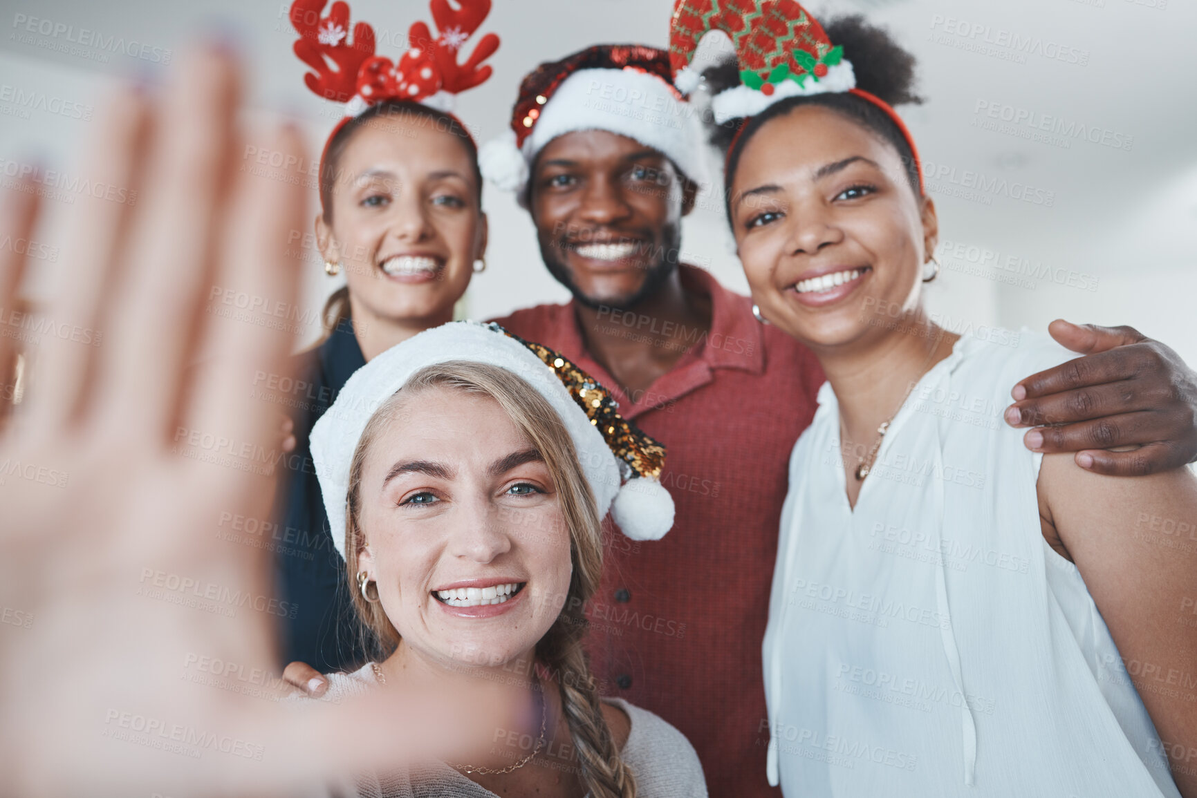 Buy stock photo Christmas party, business people and office selfie, festive season or holiday celebration. Portrait, diversity and happy work friends celebrate, picture pose or photo smile for good memory together

