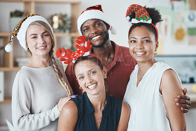 Buy stock photo Office team, Christmas party and celebration with a smile at work. Diversity, workers and happy business people celebrating holiday together at party, festive group or financial year at the company