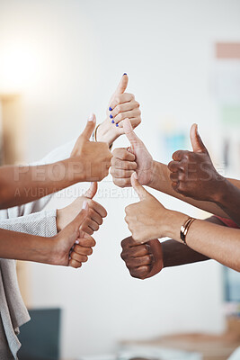 Buy stock photo Thumbs up, hand or gesture for success, support or trust. Diverse group or team of business men or women show hands as thank you or approval to idea plan, strategy or yes for goal, target and winner