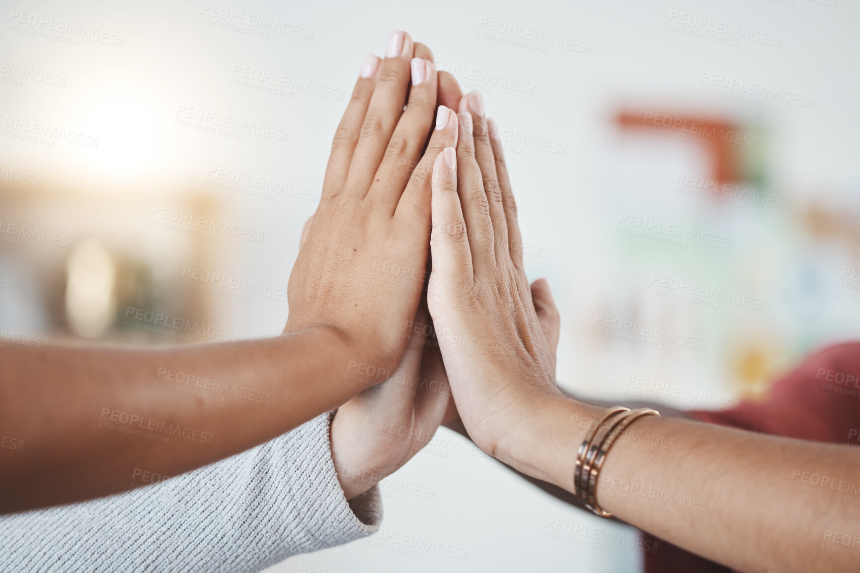 Buy stock photo Team hands, success and group high five for support, motivation and winner teamwork. Corporate team building, diversity and hand gesture together to celebrate successful creative startup business.