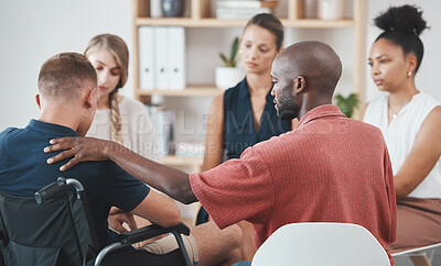 Buy stock photo Group counseling, mental health therapy and anxiety wellness conversation for problem of a disabled man. Community support, empathy and compassion for employee burnout or stress in a business office 