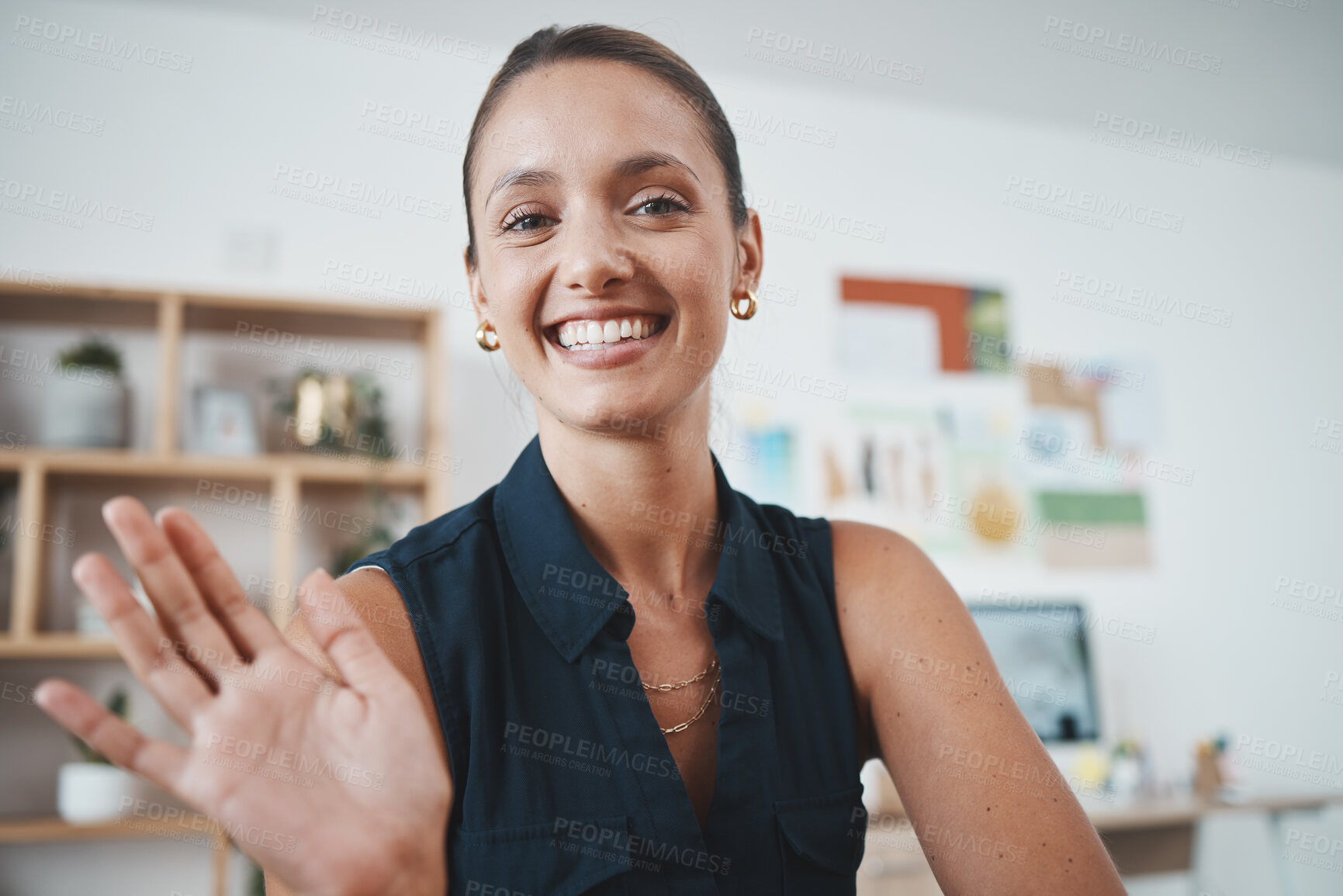 Buy stock photo Business woman, greeting or video conference meeting in creative startup collaboration, crm presentation or b2b sales workshop. Portrait, happy smile or waving designer in office interview zoom call