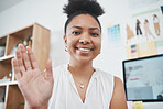 Fashion designer, video call and portrait of business woman in studio, waving her hand. Online, technology and black woman designer on video conference, vlog or business meeting in creative workspace