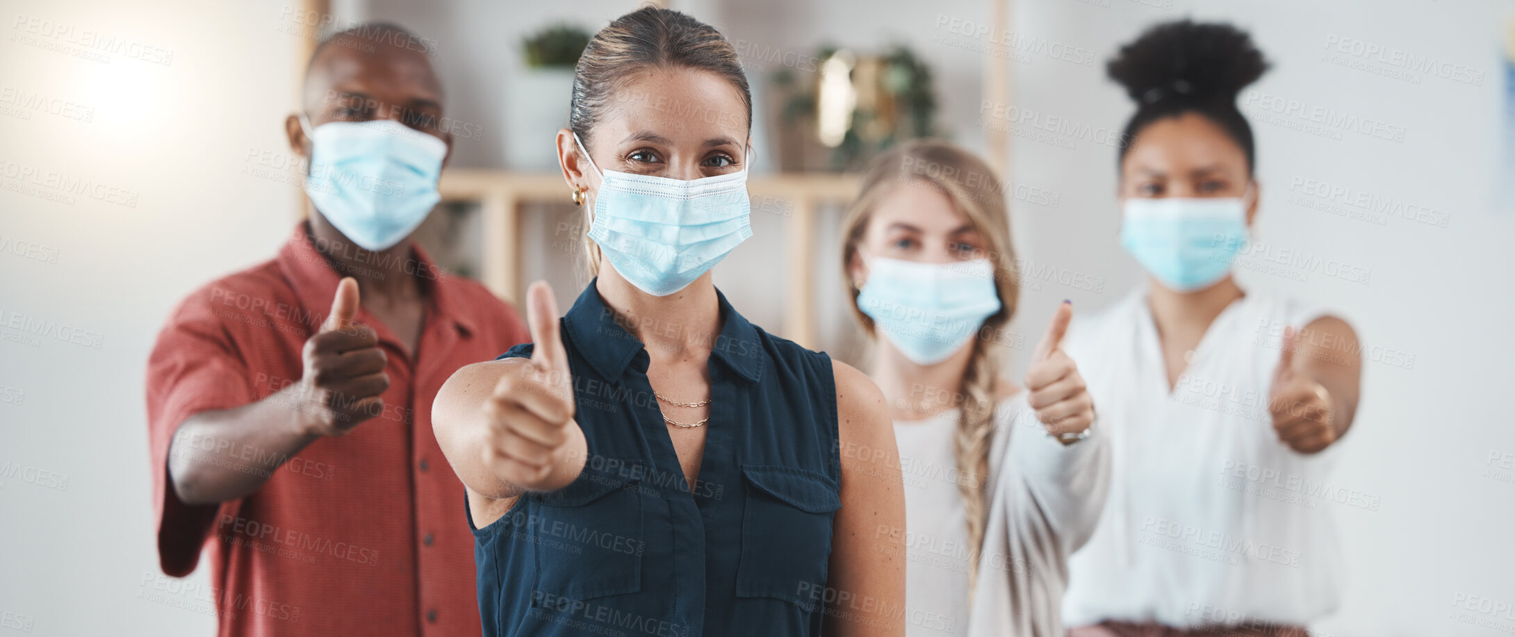 Buy stock photo Thumbs up, covid pandemic and staff with mask in business show a positive attitude in workplace. Coronavirus epidemic, employees health and safety policy in office of advertising or marketing company