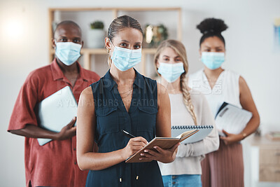 Buy stock photo Meeting, office or covid mask in team collaboration, business people or leader woman in corporate planning. Teamwork, leadership or diversity for company strategy, team building or working on mission