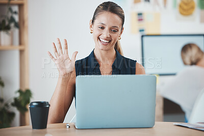 Buy stock photo Business woman wave hello, laptop video call and online presentation meeting in modern office. Happy designer talking in virtual workshop, voip marketing interview and computer webinar in startup 