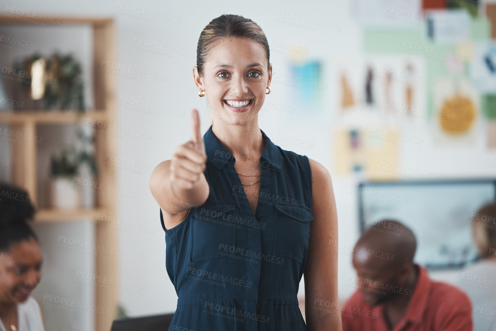 Buy stock photo Thumbs up, success and portrait of a happy woman in the office standing in a meeting with her team. Happy, smile and business manager from Mexico with agreement gesture or hand sign in the workplace.