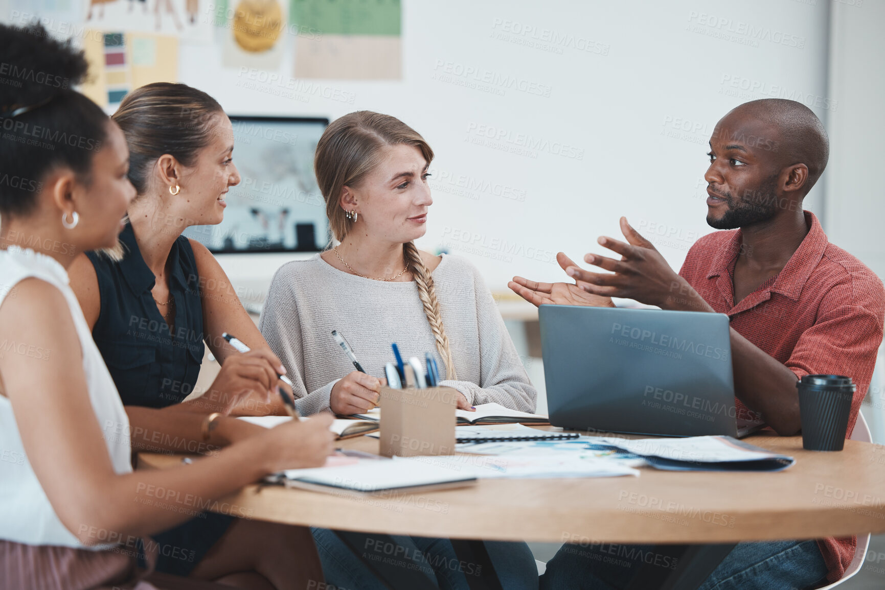 Buy stock photo Diversity, team and creative meeting for startup company, business planning and group project workspace. Teamwork, conversation or brainstorming strategy communication in workplace or office at desk.