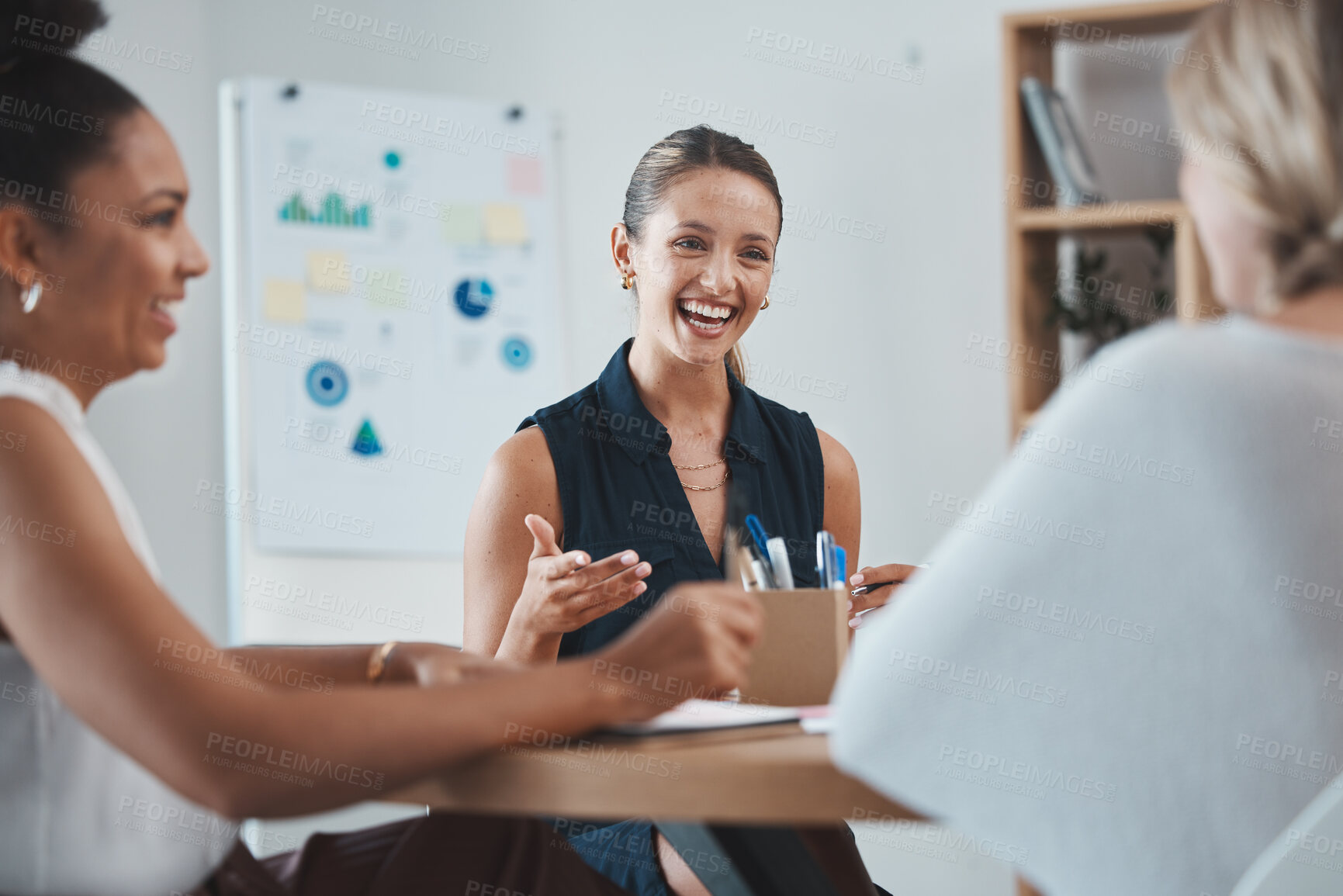 Buy stock photo Business women, client and partnership meeting with a client about success, strategy and teamwork. Working, collaboration and happy corporate employees talking about planning a team deal together