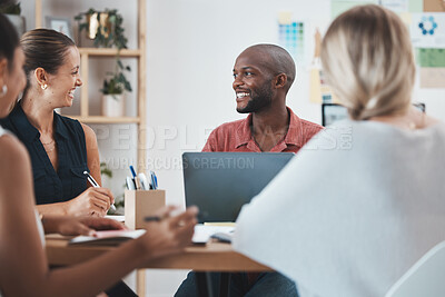 Buy stock photo Office, communication and planning at desk with team writing notes for marketing company project. Happy professional creative employees brainstorming development of idea for business together.