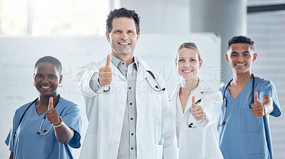 Buy stock photo Thumbs up, doctor and happy nurse staff together with success, thank you and welcome hand sign. Portrait of healthcare, medical and health clinic staff smile with a yes, winner and agreement gesture