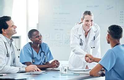 Buy stock photo Handshake, doctors meeting or diversity team happy for partnership, hospital onboarding or promotion of nurse employee. Medical interview success, thank you and welcome from hiring healthcare manager