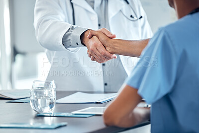 Buy stock photo Doctor handshake, congratulations and nurse at office desk consulting on medical procedure, diagnosis or medical health care contract. Thank you, well done or welcome to the hospital cardiology team