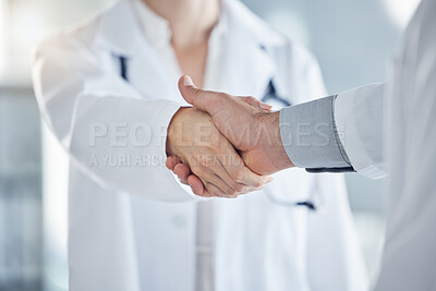 Buy stock photo Handshake, medical and doctors have agreement on patient health, illness treatment plan or diagnosis in clinic. Professional nurse, promotion or solution for virus, medicine or healthcare in hospital