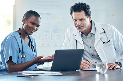 Buy stock photo Doctor, laptop and meeting on a video conference at the hospital for medical discussion at the workplace. Healthcare professionals on a call having a conversation on computer for research at a clinic