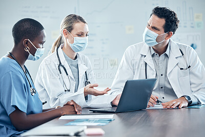 Buy stock photo Covid, doctors and team with laptop working together on medical, medicine or covid 19 vaccine research. Collaboration, diversity or hospital group of people or healthcare worker team work on analysis