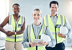 Teamwork, tablet and ?engineer people or construction worker group portrait with engineering software technology and planning. Trust of architect diversity contractor manager with project development