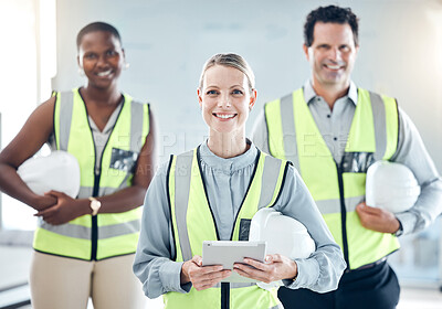 Buy stock photo Teamwork, tablet and ?engineer people or construction worker group portrait with engineering software technology and planning. Trust of architect diversity contractor manager with project development