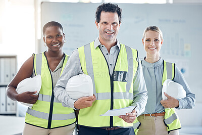 Buy stock photo Architecture, diversity and engineering leader with a team or group of workers ready to start building a project. Smile, trust and construction manager with happy designers for teamwork in an office