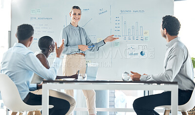 Buy stock photo Growth, whiteboard and business people in a meeting planning company sales or revenue report chart data. Marketing and advertising agency team working on graphs analysis and risk assessment strategy