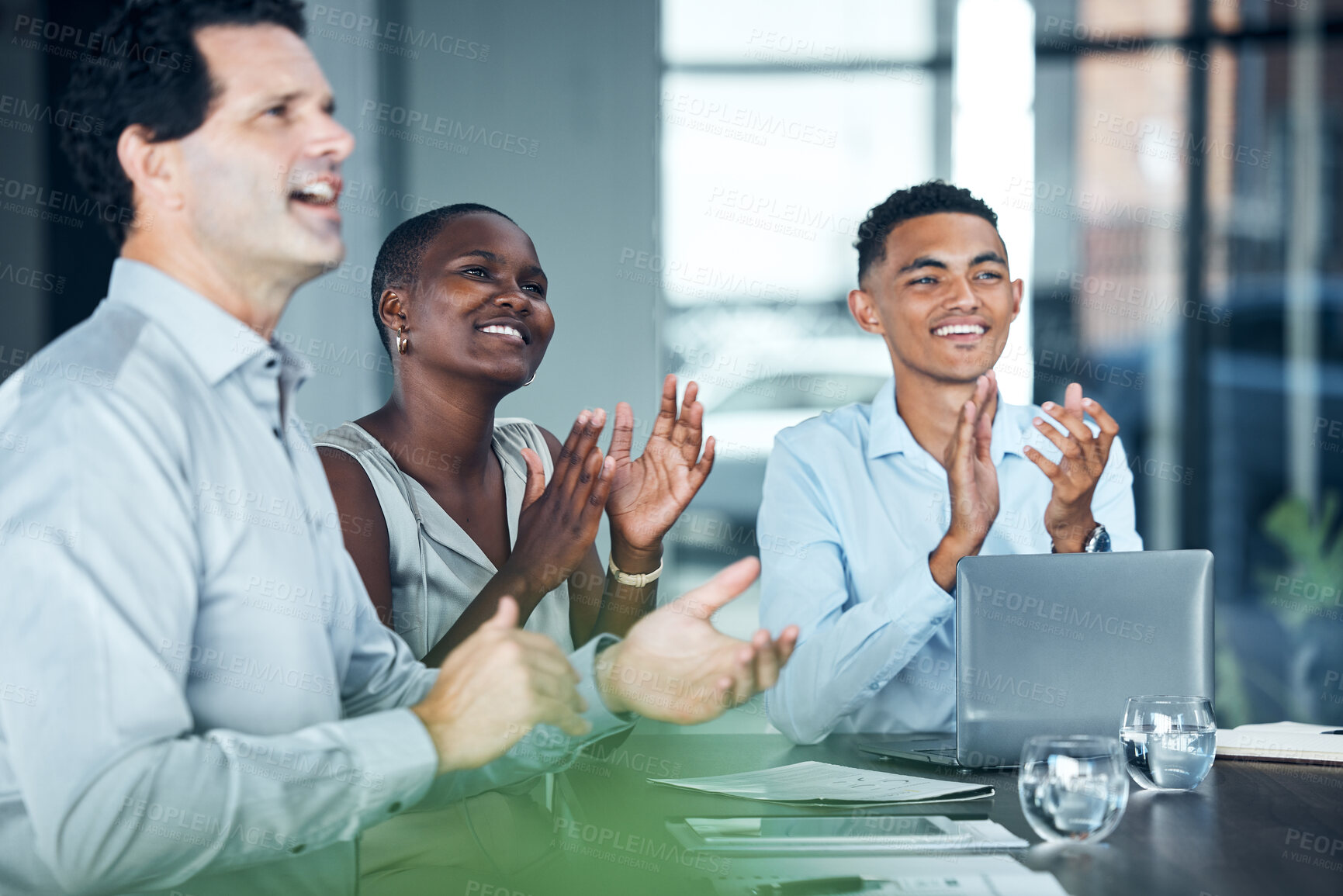 Buy stock photo Clapping, office workshop and teamwork training in presentation, business conference or tradeshow. Happy smile, company diversity and success boardroom people with digital marketing sales celebration