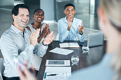 Buy stock photo Presentation, leadership and diversity team applause at meeting for marketing strategy from ceo, coach or manager. Corporate celebration, support or business group of people clap for advertising idea